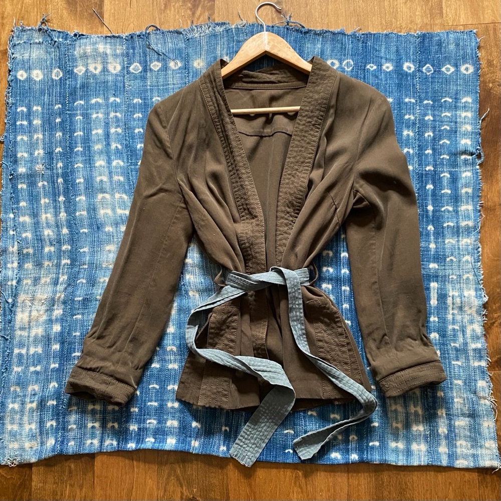 Olive Green Robe Coat with Contrast Waist tie S/M